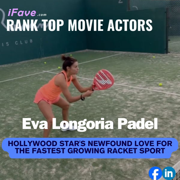 Eva Longoria holding a padel racket with excitement